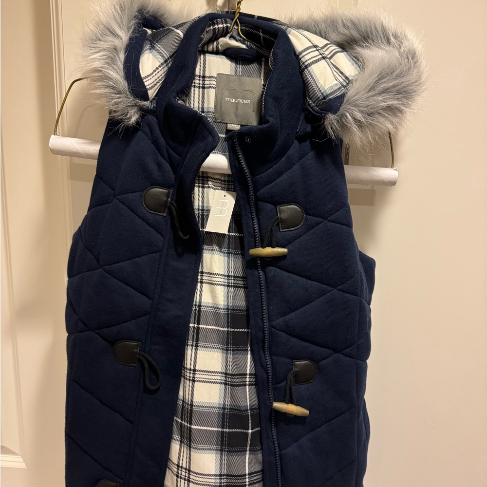 Maurices Dark Blue Quilted Vest with Faux Fur Trim